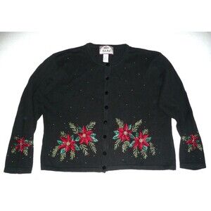 Ugly Christmas Cardigan Sweater Beaded Poinsettia Flowers Tiara XL Button Up